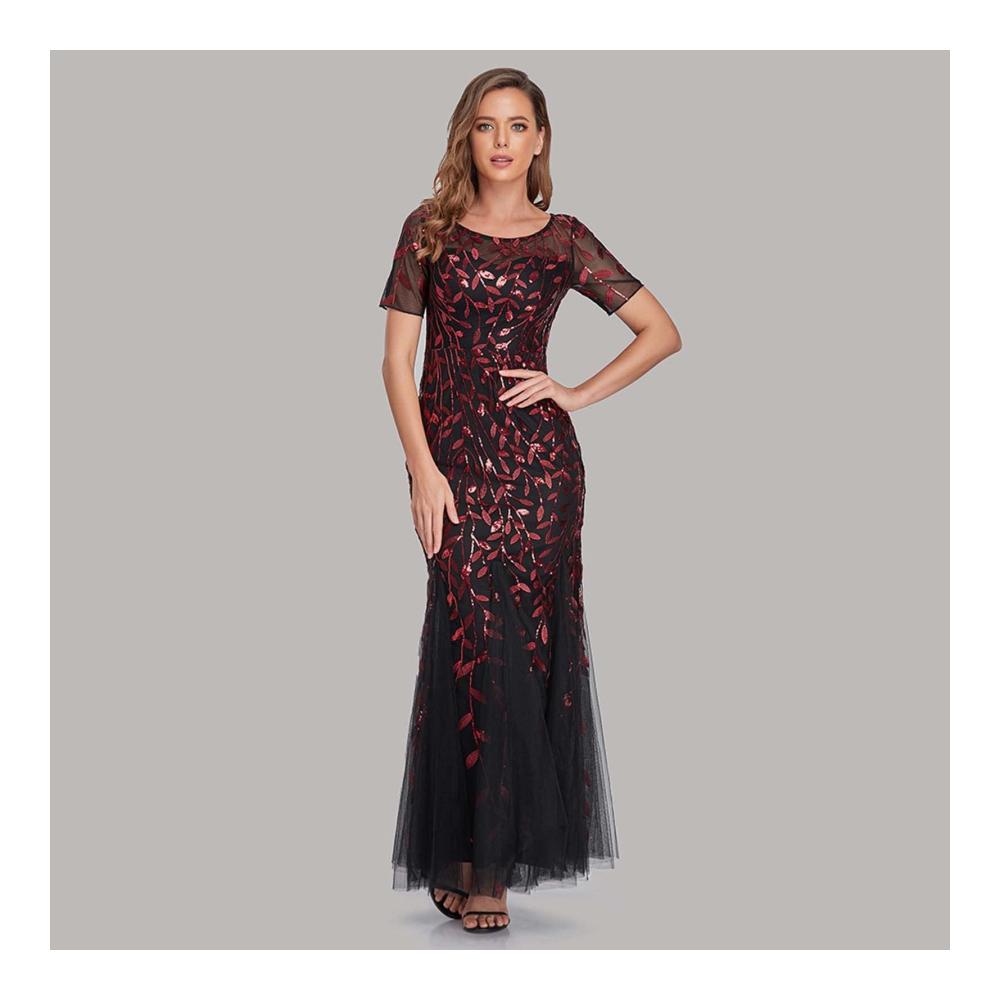 Retro Eleganz Damen Lang Chiffon Abendkleid mit Pailletten für Party Prom und formelle Anlässe – Größe L Farbe Rot