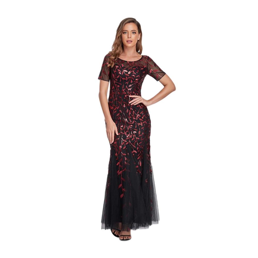Retro Eleganz Damen Lang Chiffon Abendkleid mit Pailletten für Party Prom und formelle Anlässe – Größe L Farbe Rot
