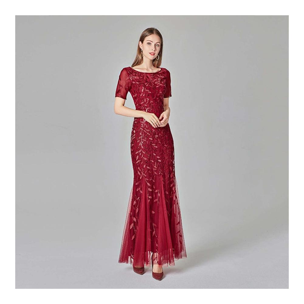 Retro Eleganz Damen Lang Chiffon Abendkleid mit Pailletten für Party Prom und formelle Anlässe – Größe L Farbe Rot