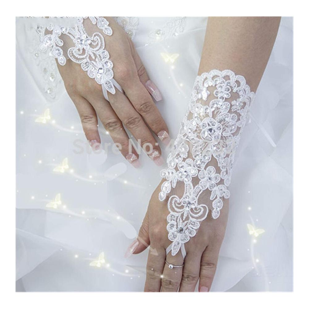 Hochzeitshandschuhe Elegante Perlen-Spitze Satin Fingerlos – Weiß & Elfenbein Brauthandschuhe 2021