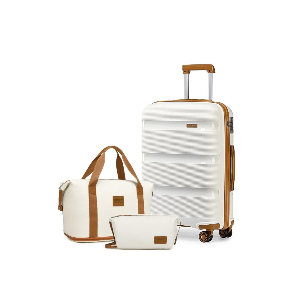 KONO Hartschalenkoffer Set - 3-teiliges Reisekoffer Ensemble (65 cm) mit Leicht Reisetasche und Kulturbeutel Mittelgroßes Gepäck-Set in Weiß/Braun