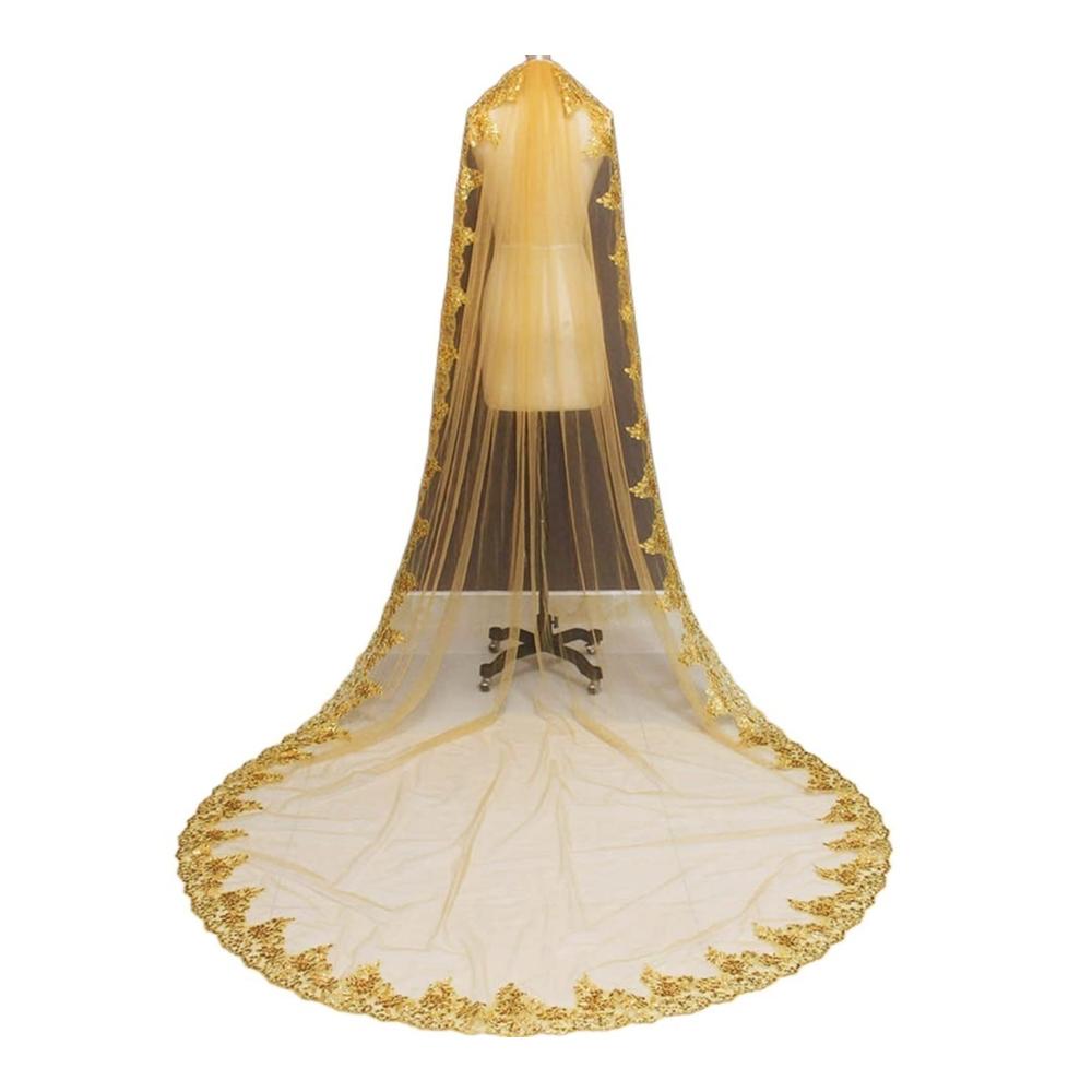 Gold Glitzer Brautschleier mit Spitze - Glamouröser 1-Tier 3m Kathedralen-Schleier für die perfekte Hochzeit