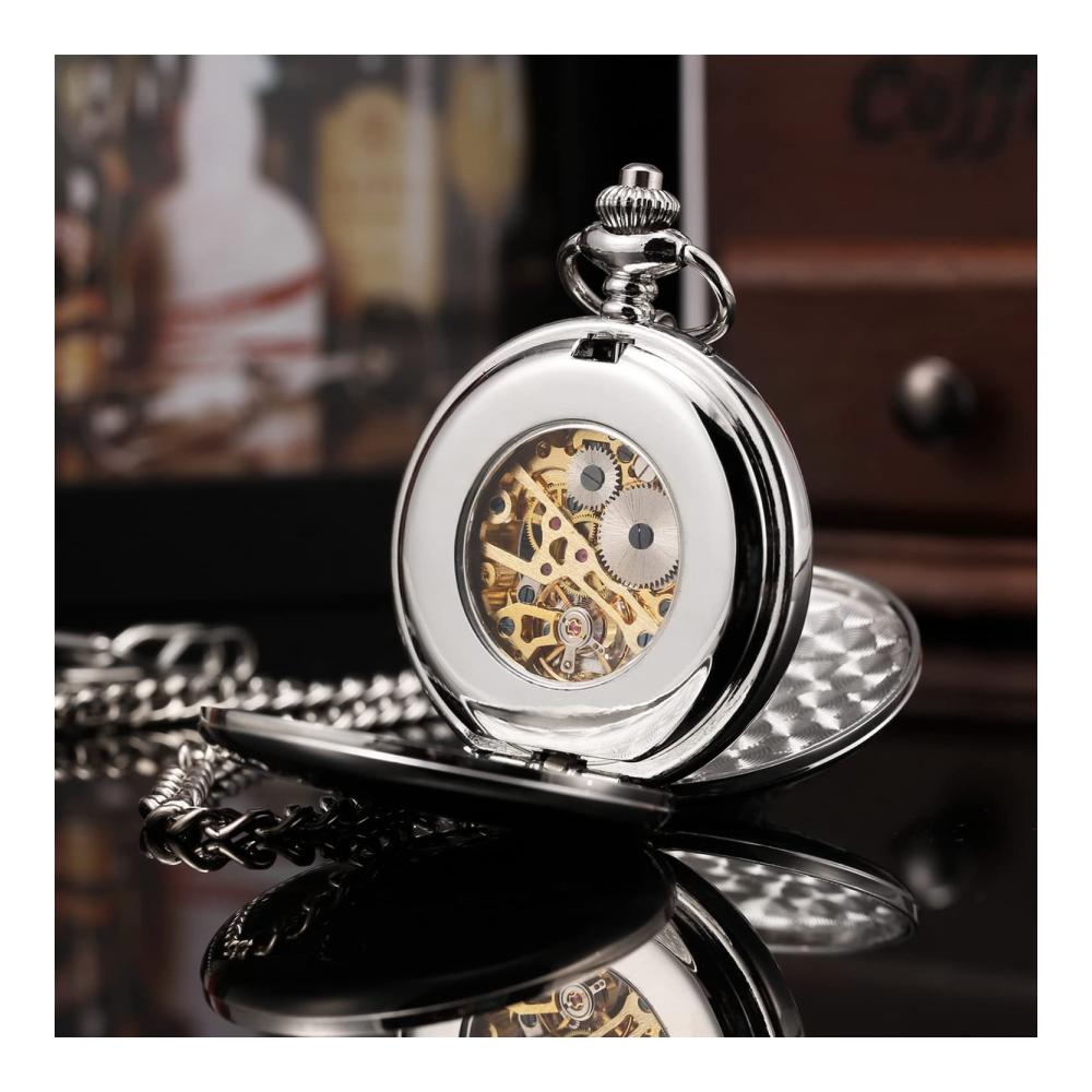 Antike Römische Herren-Taschenuhr mit Kette | Handaufzug Bi-Hinged Silber Graviert | Analog Zeitmessung | Exklusive Vintage Taschenuhr