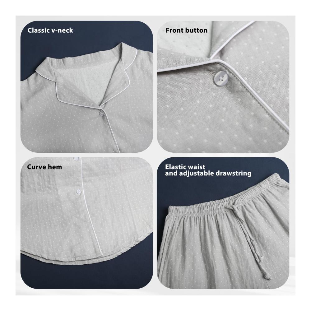 Damen Pyjama-Set Le Tyerisa 100% Baumwolle Zweiteiliger Schlafanzug mit Knöpfen 3/4 Ärmel Langes Shirt und Hose Hausanzug für Damen