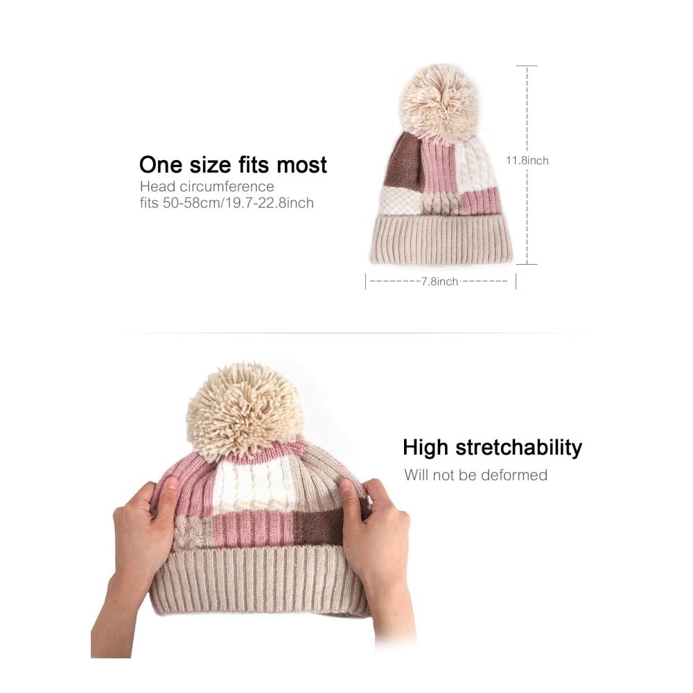 Damen Strickmütze mit Pompom - Winter Beanie für Outdoor-Sport und Ski warme und weiche gestrickte Mütze