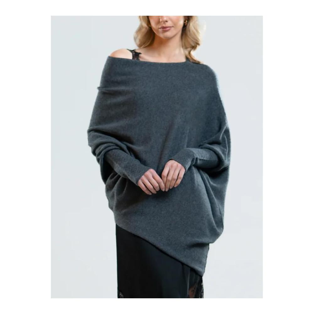 Asymmetrischer Damenpullover Schulterfrei mit Langen Fledermausärmeln & Drapierung
