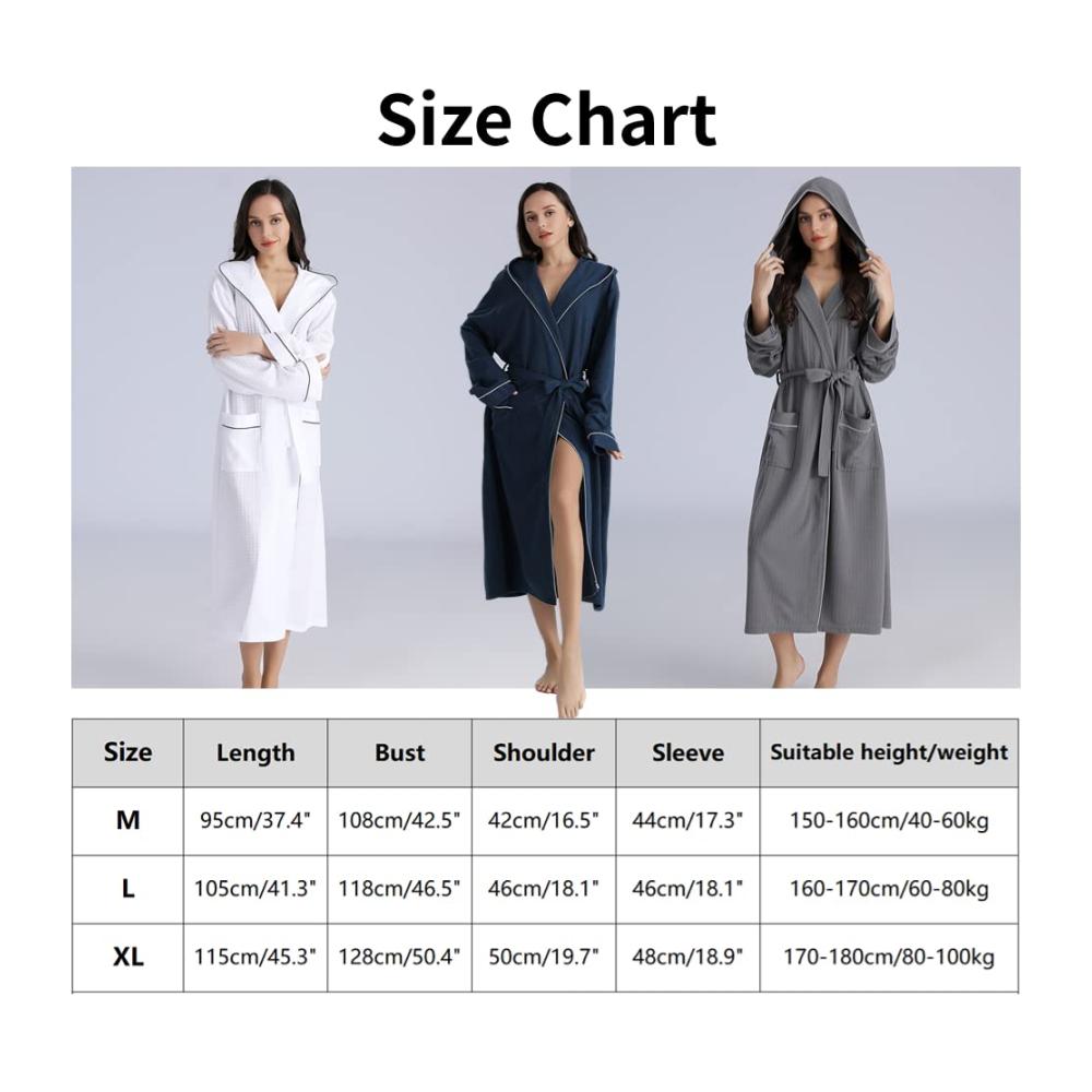 Bademantel Damen – Leichter Lang Morgenmantel mit Kapuze Waffelstruktur Saunamantel Unisex Kimono Robe