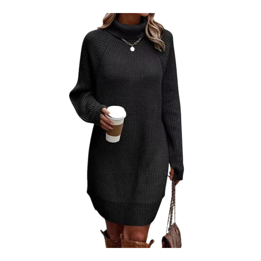 Herbst Winter Damen Rollkragenkleid | Knielanges Strickkleid mit Langarm | Warmes Einfarbiges Pulloverkleid | Freizeit Strick Sweater für kalte Tage
