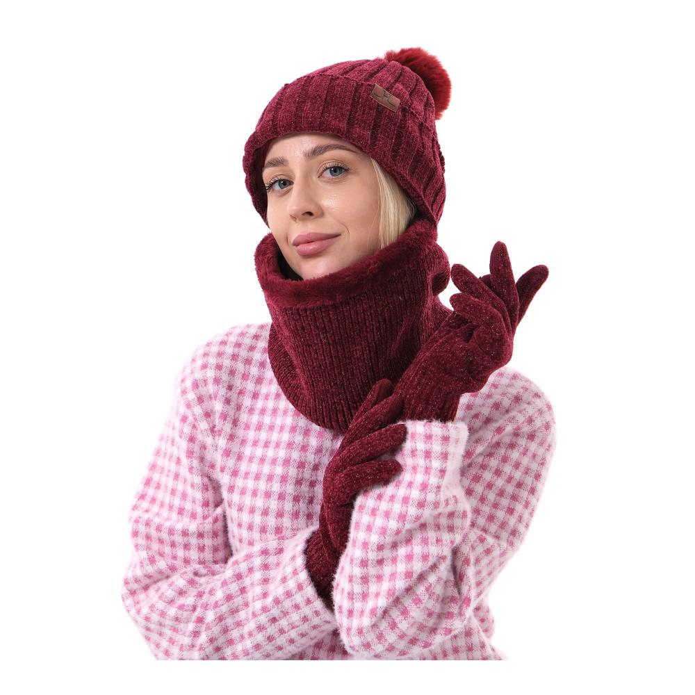 Chenille Strick Damen Winter Set Beanie Mütze Schal & Touchscreen-Handschuhe für den Winter - Loop Schal und Wärmende Winterhandschuhe inklusive