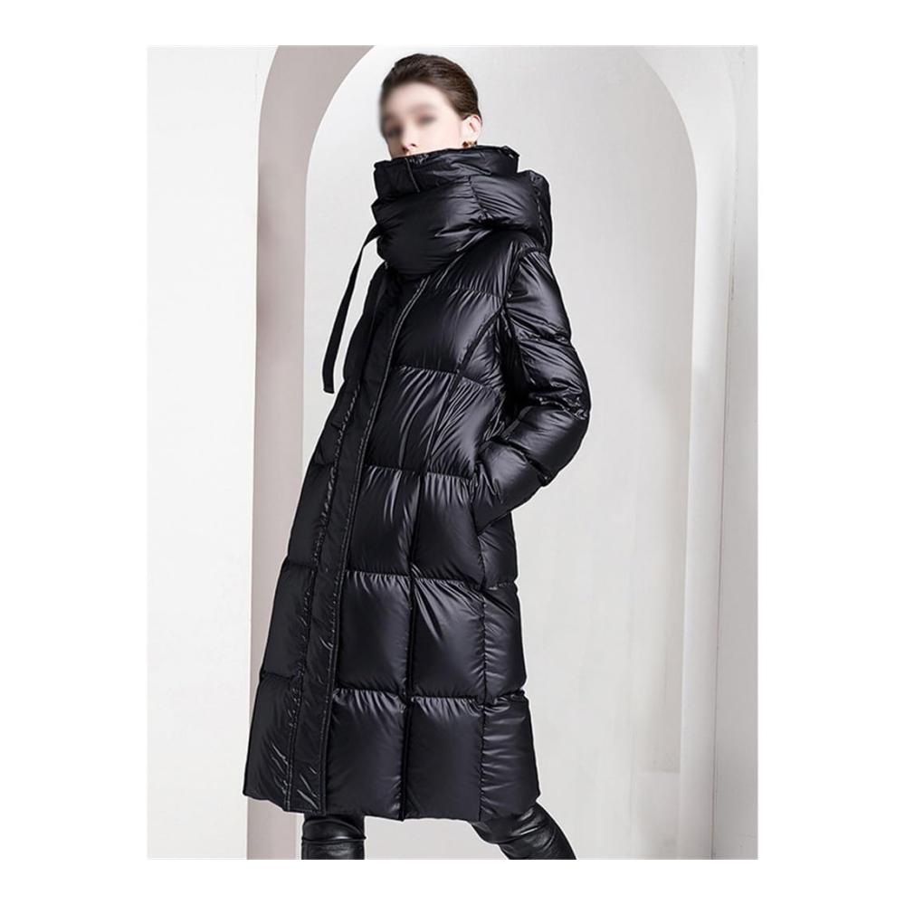 Winter Daunenjacke Knielange schwarze Koreanische Damenjacke | 90% weiße Entendaunen Kapuze lose Passform (D Größe L