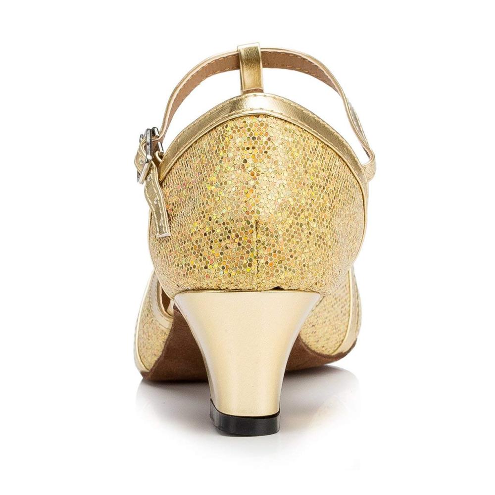 Glitzernde Damen-Tanzschuhe Geschlossene T-Starp-Zehen Ideal für Abend Hochzeit & Tanzstile. Moderne Latein & Ballsaal 5cm Absatz Gold Größe 2 UK