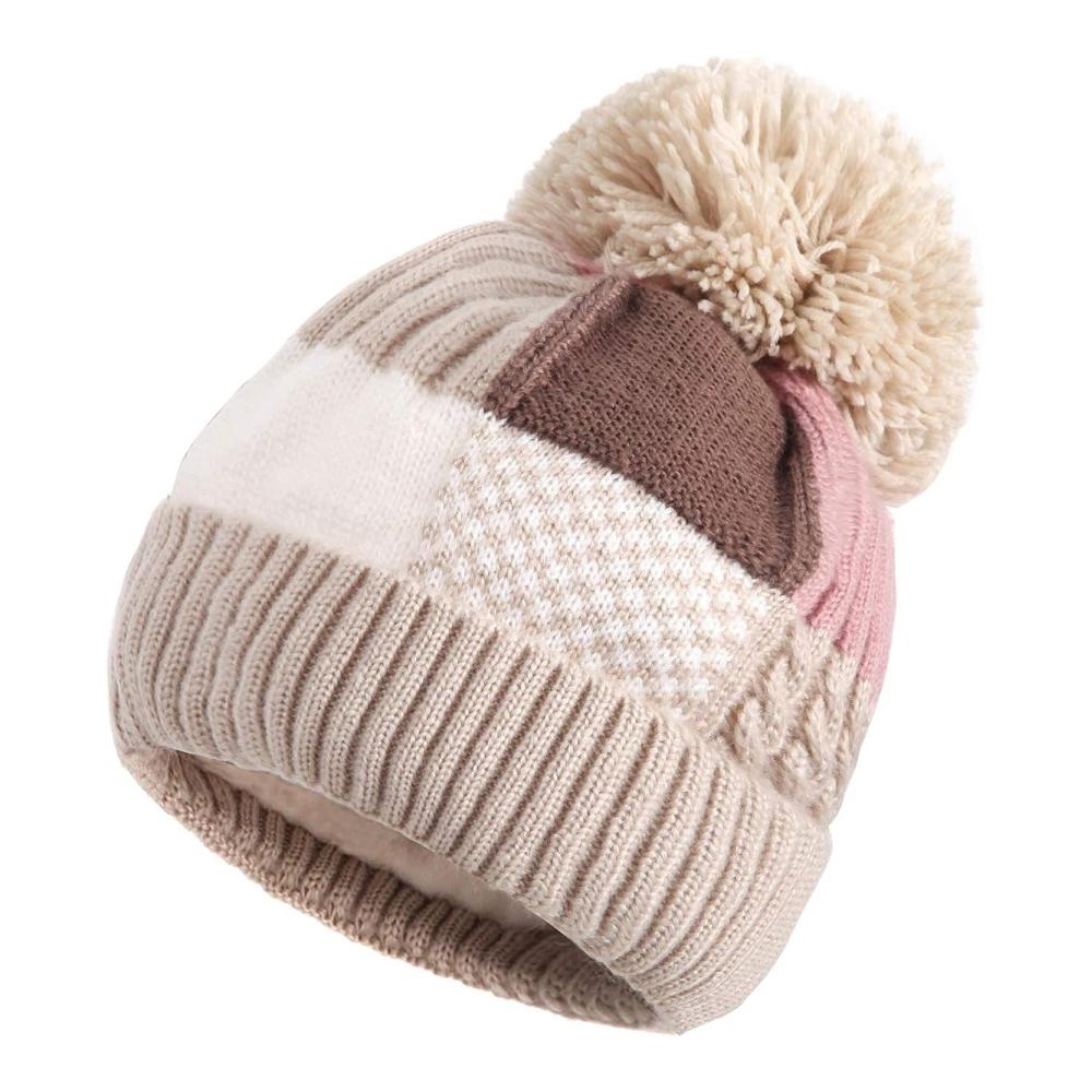 Damen Strickmütze mit Pompom - Winter Beanie für Outdoor-Sport und Ski warme und weiche gestrickte Mütze