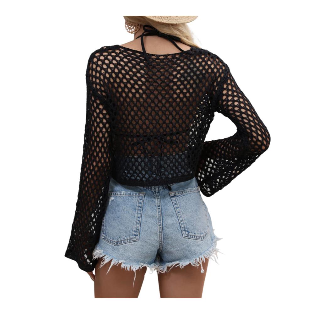 Häkel-Strickpullover Damen Langarm Crop Top mit Hollow Out Design - Y2K Aesthetic Sexy Pullover Vintage Stil - Elegant und Modisch für Frauen und Mädchen
