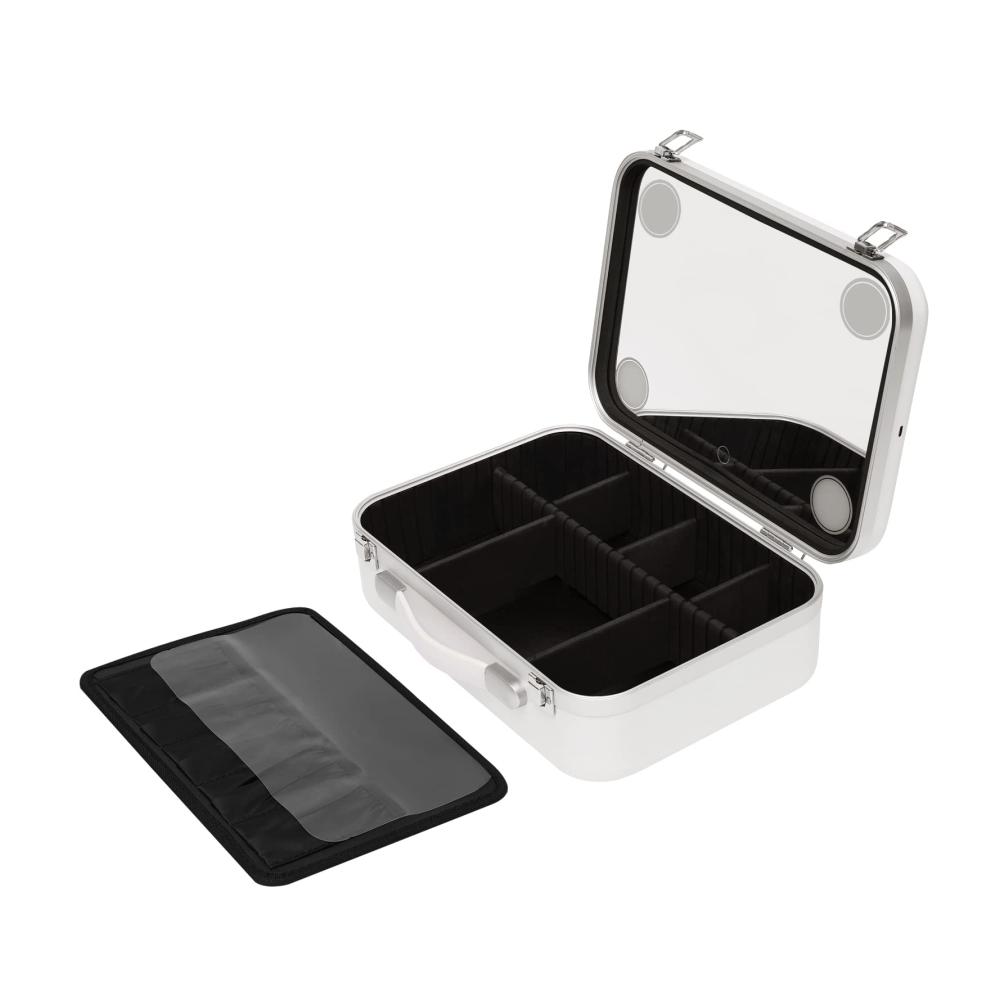 Multifunktionale Make-up-Box mit verstellbarem Beinspiegel dimmbaren LED-Lampen und kippbarem Spiegel – Friseur-Roller aus beleuchteter Aluminiumlegierung