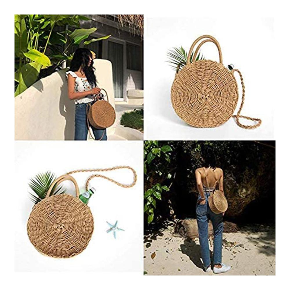 Gewebte Sommer Handtasche Damen Stroh Strandtasche mit Rundem Boho-Design - Perfekt für Frauen auf Reisen im Urlaub und in der Freizeit