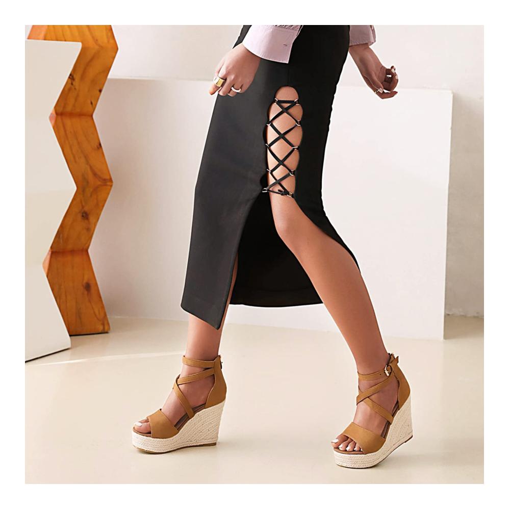 Damen Keilsandalen mit Plattform Schwarze Espadrilles mit Knöchelriemen Bequeme Sommerschuhe