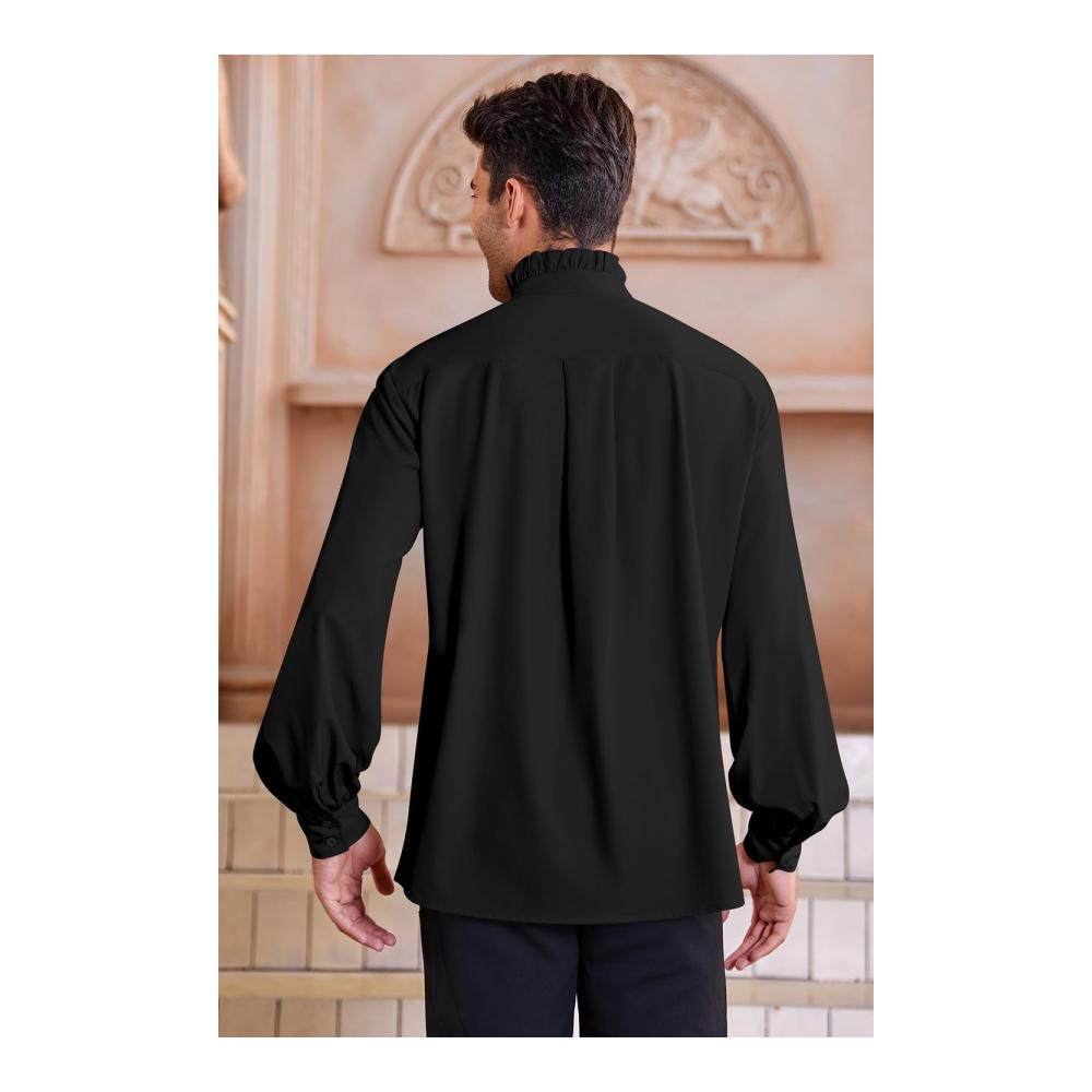GAMISOTE Herren Freizeithemd mit Rüschen | Langarm Mittelalter Renaissance Gothic Shirt | Steampunk Style in Schwarz | Größe 3XL