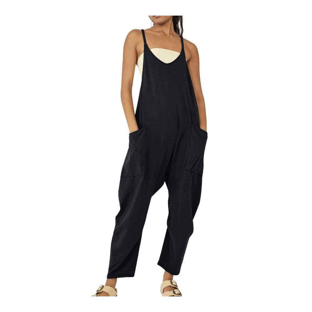 Sommerlicher Damen Jumpsuit - Lässiger Overall mit V-Ausschnitt Oversize-Design und Reißverschluss hinten. Elegante Arbeitshose mit bequemem Riemen und praktischen Taschen