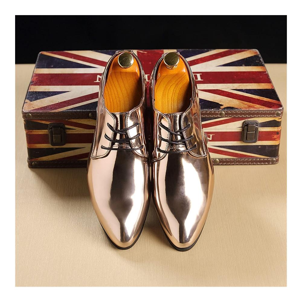 Herren Oxford-Schnürhalbschuhe | Spitze Lederschuhe in Gold | Formelle Kleidschuhe mit hohem Absatz (Größe 41 EU