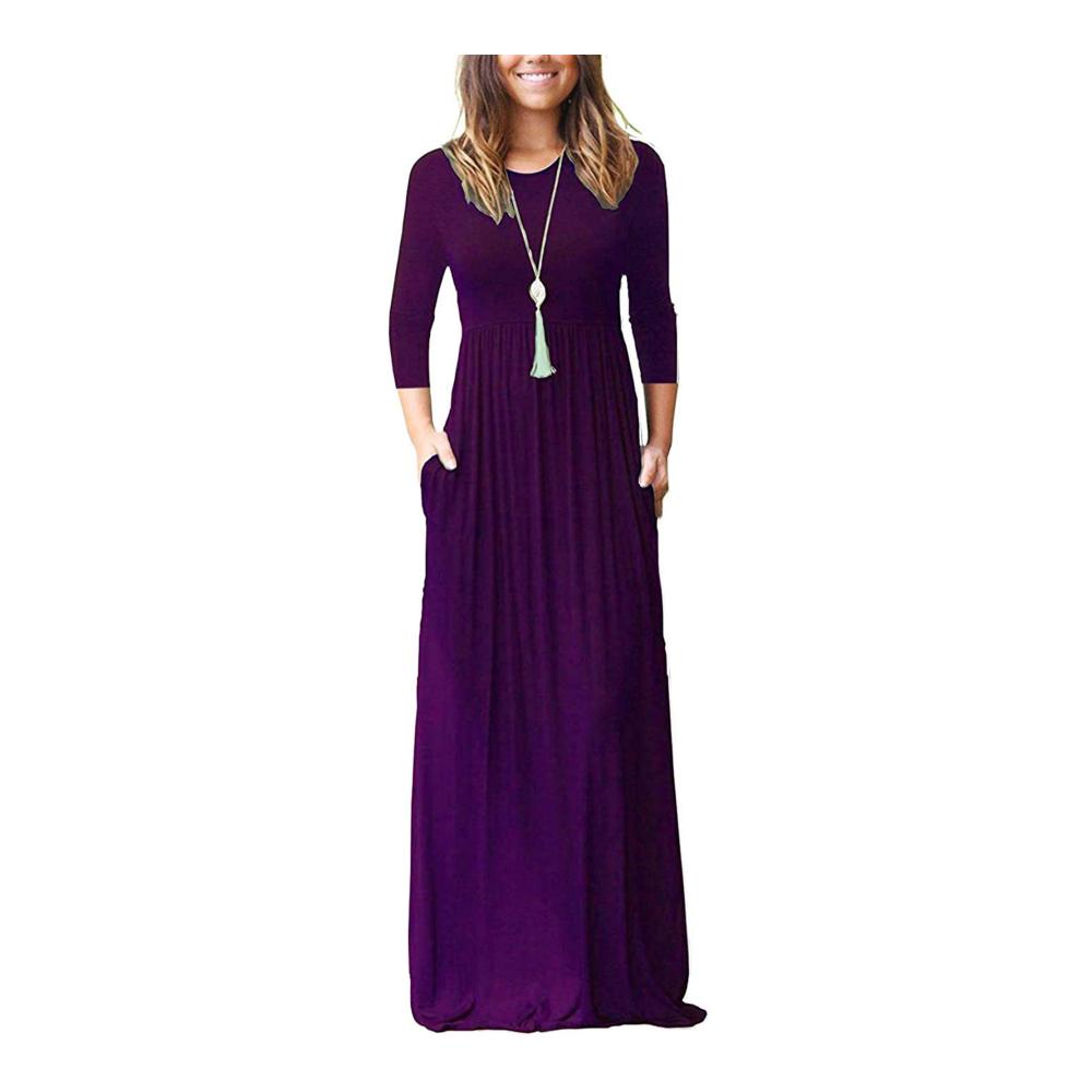 Damen Maxikleid Herbst/Winter - Violett Langkleid 3/4 Ärmel mit Taschen Loose Fit - Elegant für Freizeit Damenkleid Maxi in herbstlichen Farben