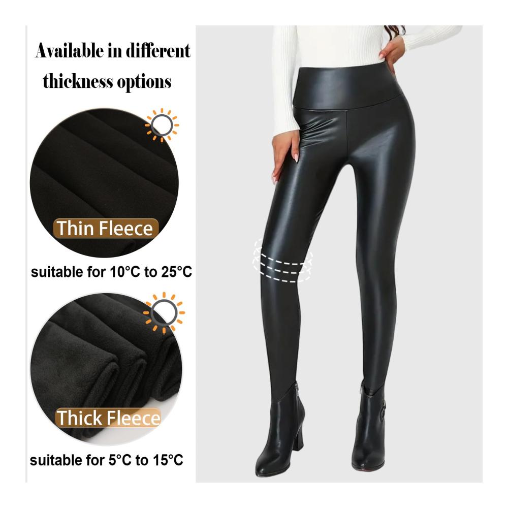 Lederleggings Damen High Waist Kunstleder Leggings mit Fleece-Futter Thermo Effekt & Push-Up – Winterliche Lederoptik Hosen
