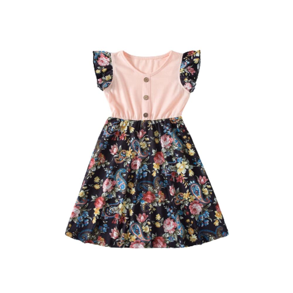 Sommerliche Familien-Outfits Florales V-Ausschnitt Kleid für Mutter & Tochter Knielang dazu Vater & Sohn Kurzarm-T-Shirts