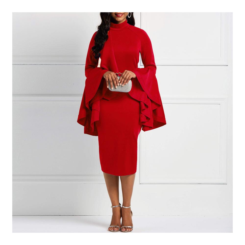 Party Flare Langarm Falbala Damen Bodycon Kleid mit Rüschen - Elegantes Etuikleid für besondere Anlässe