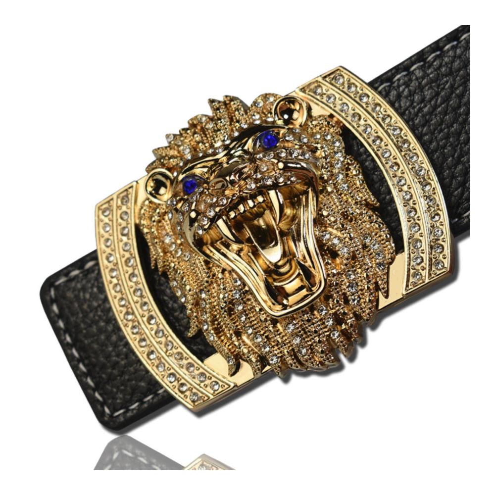 Luxus Ledergürtel mit Glanz Diamant-Löwenkopf-Schnalle für stilbewusste Männer und Frauen - Silber/Schwarz 125 cm