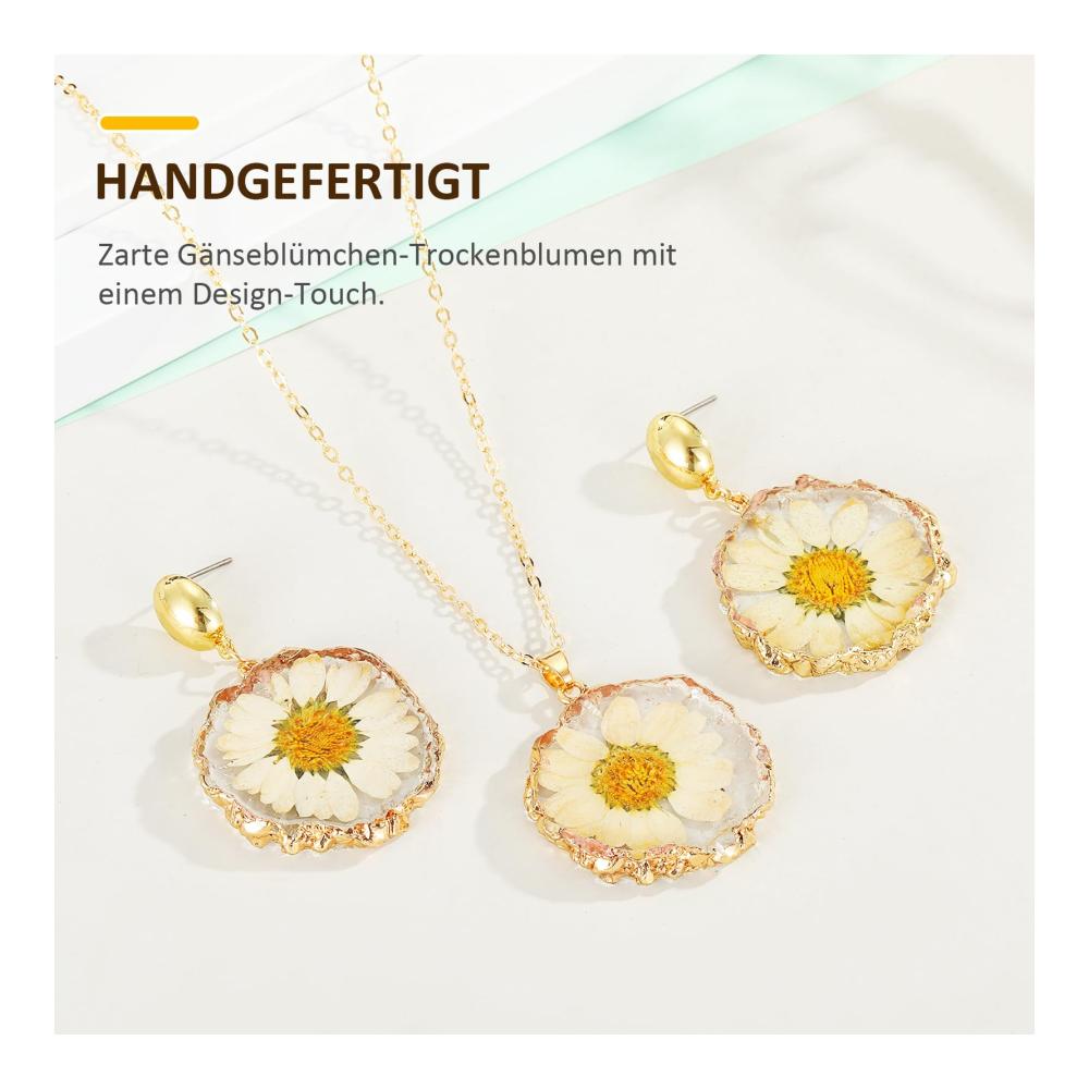 Daisy Sonnenblume Schmuck-Sets Goldene Halskette mit gepresster Blume und passenden Ohrringen – Handgefertigte Personalisierte Damen-Tropfenanhänger