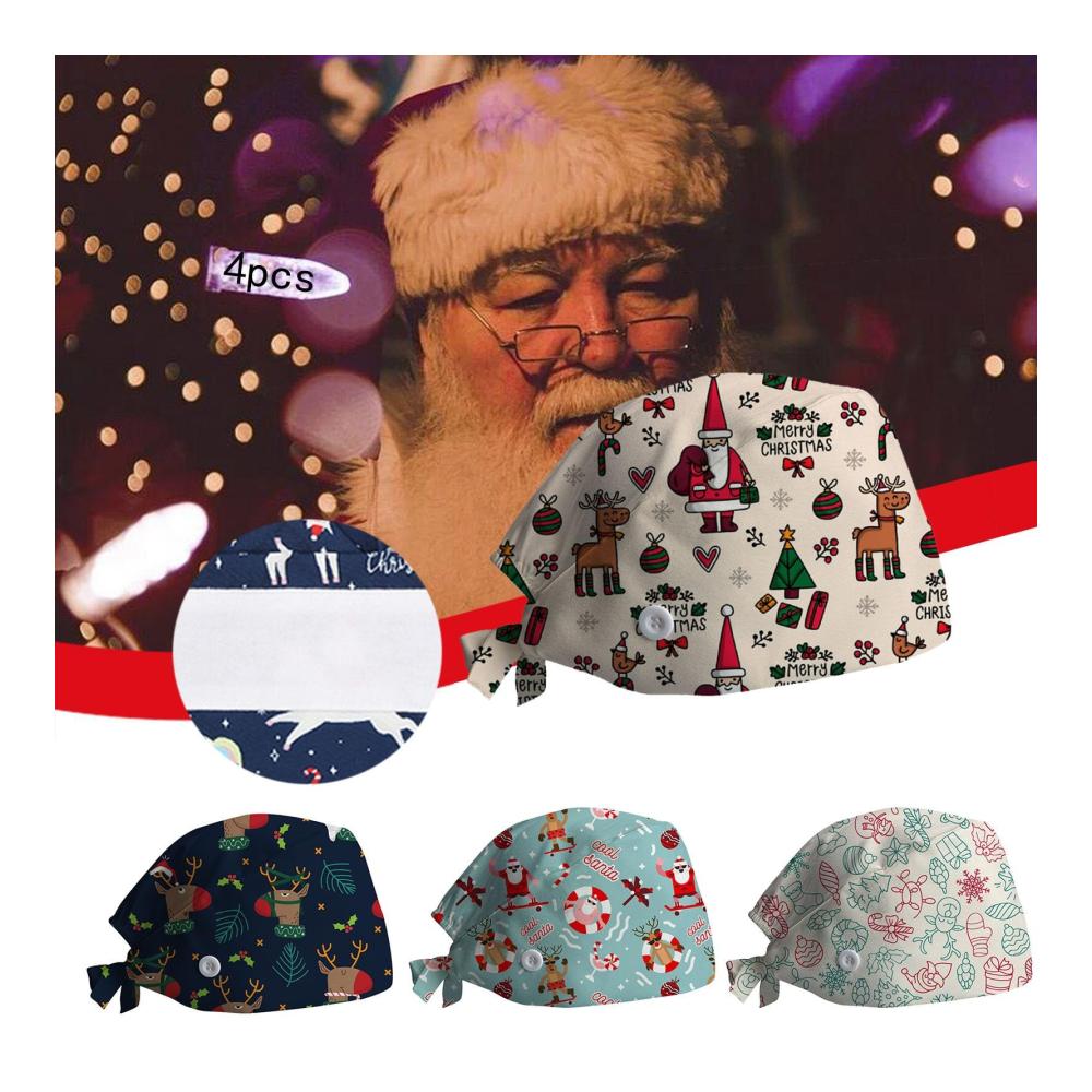 4PCS Weihnachten bedruckter OP-Haube für Damen - Hoch atmungsaktiv verstellbar ideal für Zahnärzte Ärzte Pflegekräfte und Schönheitsbranche