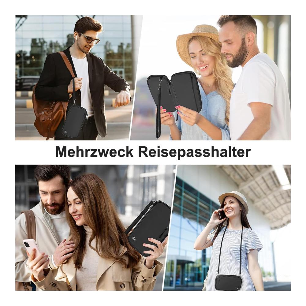 RFID-Blocker Reisepasshülle für Familie mit Ausweistaschen Kreditkarten-Organizer und Zwei Abnehmbaren Trägern – Multifunktionale Reisedokument-Tasche für Damen und Herren