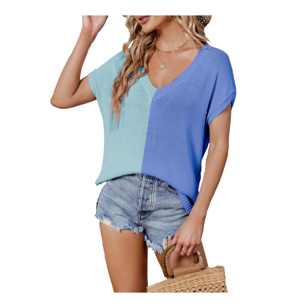 Sommerliches Loose-Fit T-Shirt mit V-Ausschnitt | Atmungsaktives Oversize-Oberteil in Strickoptik für Damen | Bequemes Kurzarmshirt mit Fledermausärmeln - Ideal für Casual-Looks