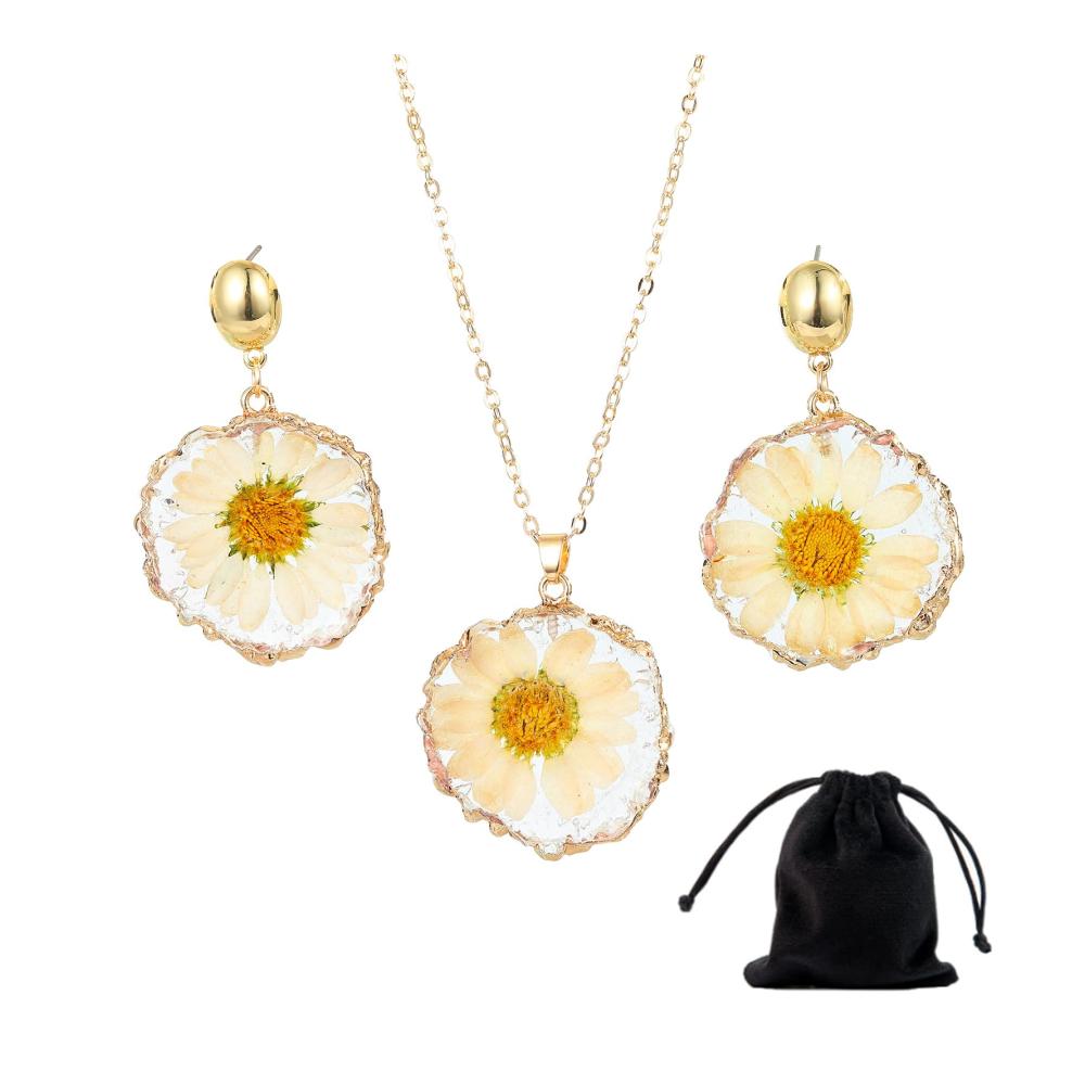 Daisy Sonnenblume Schmuck-Sets Goldene Halskette mit gepresster Blume und passenden Ohrringen – Handgefertigte Personalisierte Damen-Tropfenanhänger