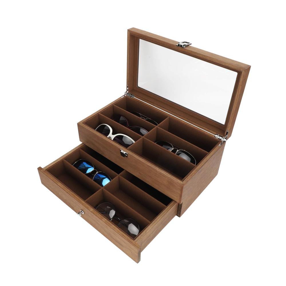 12-Fächer Holz Brillenetui für Damen und Herren - Sonnenbrillen Organizer und Display-Box - Doppellagige Aufbewahrungsbox als perfektes Weihnachtsgeschenk