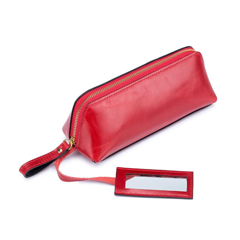 Exquisite Damen Kosmetiktasche – Tragbare hochwertige Clutch aus rotem Leder modern und multifunktional ideal für unterwegs – Kleine Make-up-Tasche im S-Format