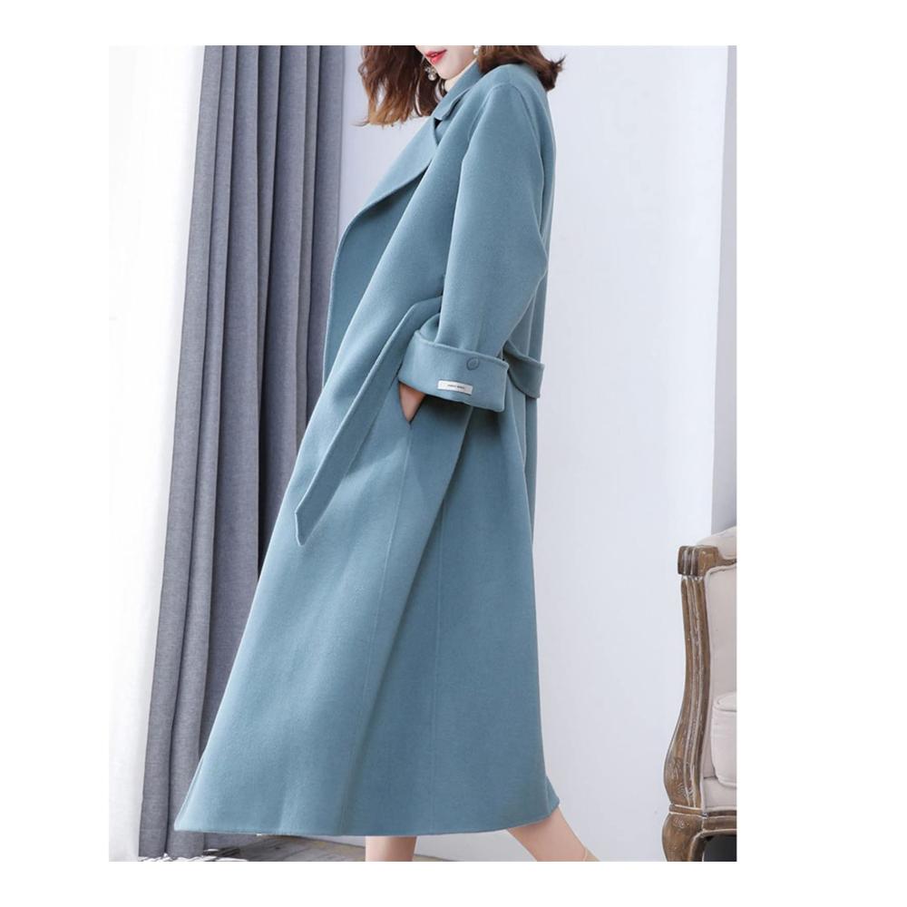 Damen Wintermantel Eleganter Wollmantel in Seeblau und Schwarz mit Gürtel