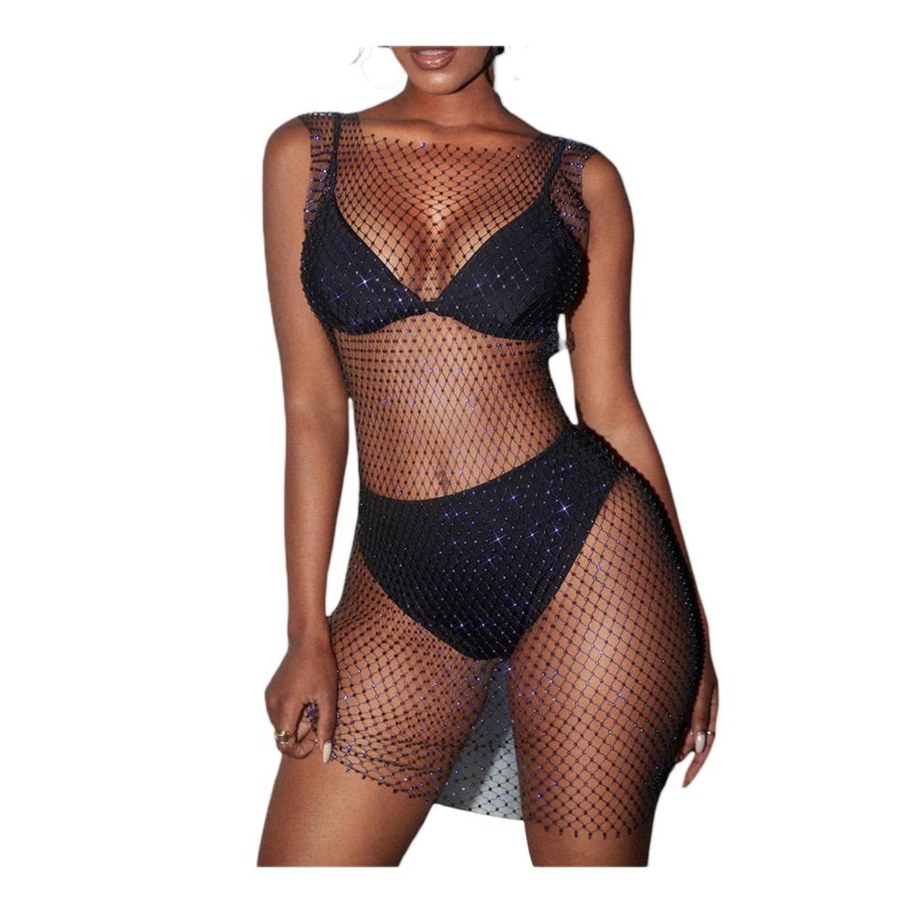 GuliriFe Damen Sexy Strass Mesh Kleid - Bikini Cover Up für Rave Festival & Club in Schwarz - Pareos & Strandkleider für einen verführerischen Badeanzug-Look