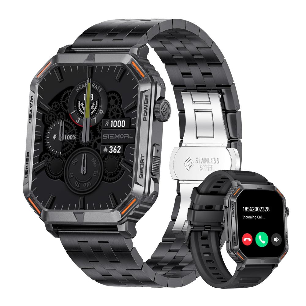 Fashion Smartwatch mit Telefonfunktion Militär Metallband Herzfrequenz- & Schlaftracker 123 Sportmodi Fitness Tracker 1.96 Full Touch wasserdichte Sportuhr für Android iOS - Schwarz