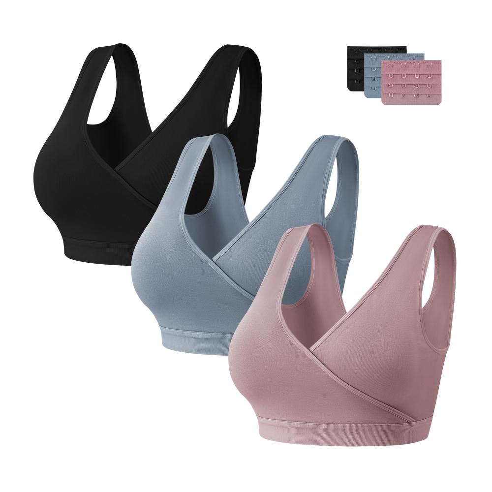 Schwangerschafts- und Still-BH Set 3-teilig mit BH-Verlängerungen | Schlaf-Still-BH ohne Bügel für die Nacht | Still-BHs in Schwarz Rosa Blau | Größe L