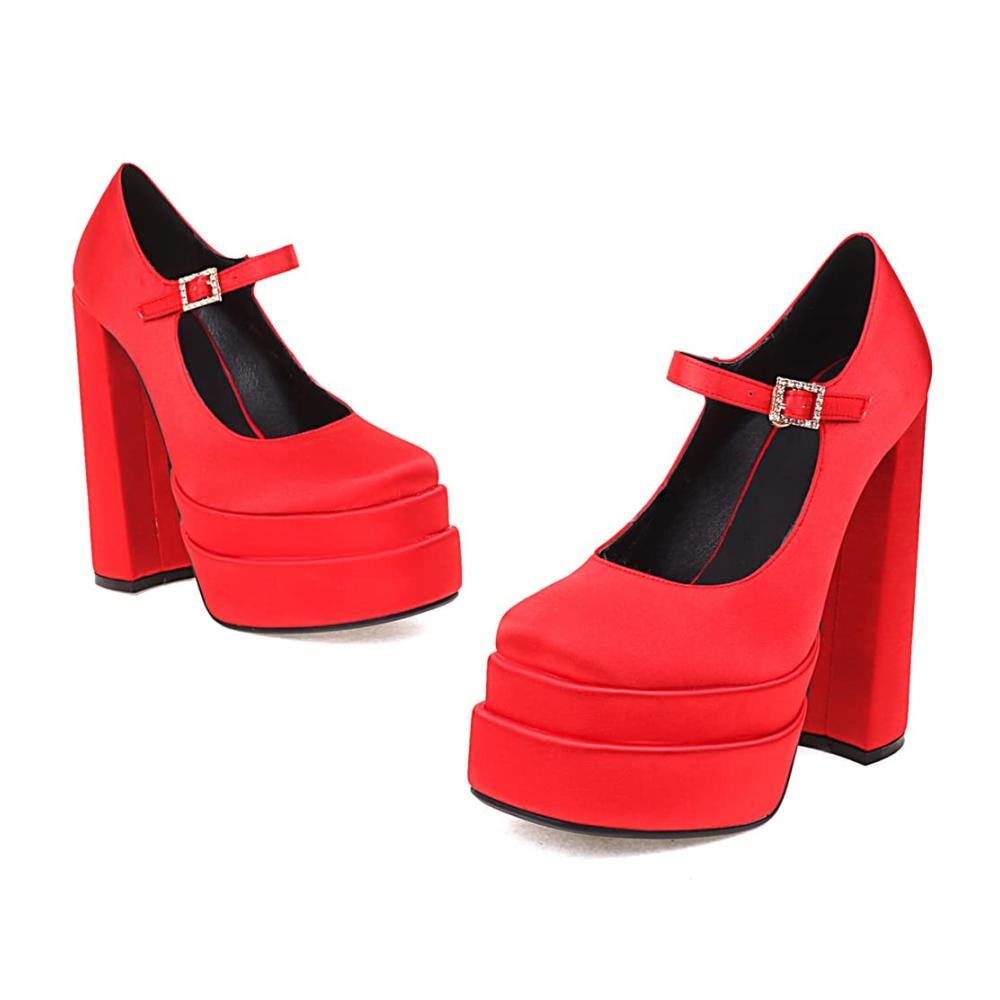 Plateau Chunky Blockabsatz Silk Satin Square Toe Pumps mit Hot Höhe Ferse - Trendige Knöchelriemchen Schnalles Design - Damen Wedge Dress Pumps in Rot (Größe 36