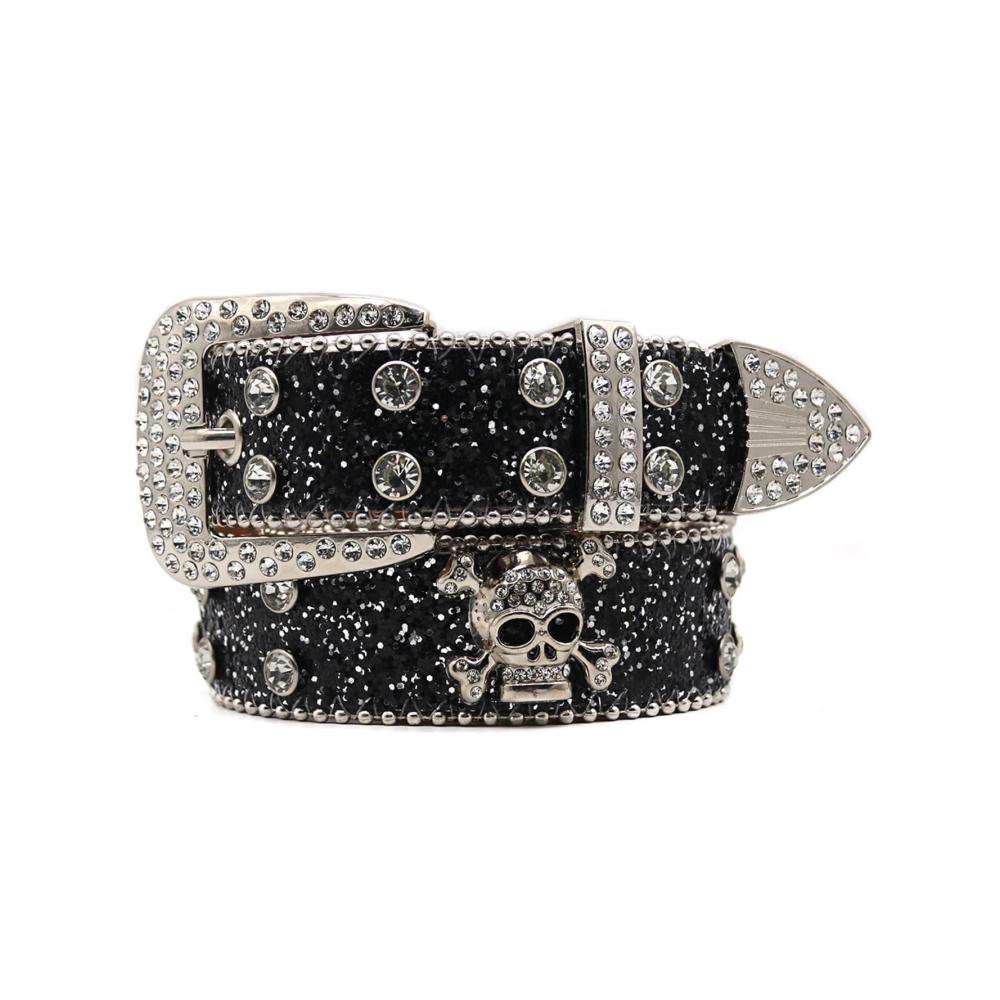 Cowboygürtel Y2k Silbergürtel mit Strass Totenkopf und Persönlichkeit – Westerngürtel für Hip Hop und Punk Style (Schwarz 105cm