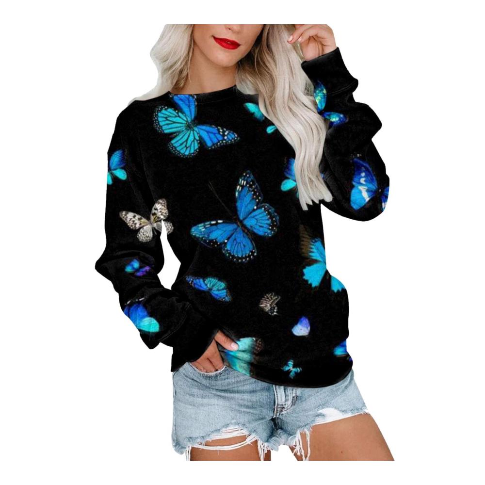 Blauer Damen Hoodie - Herbst/Winter Mode Langarm Rundhals Retro-Druck Schulterfrei Damen Sweatshirt