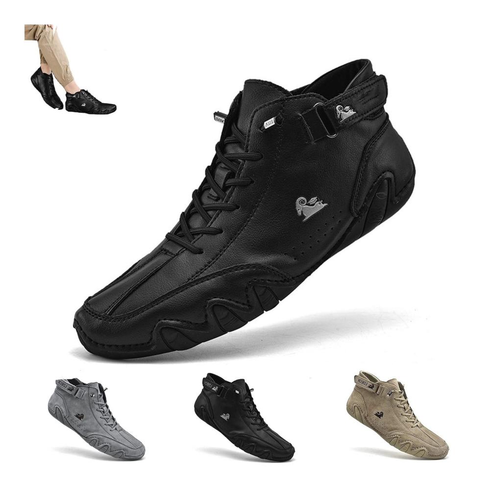 Italian Handmade Suede Velcro High Boots for Men - Premium Soft Leather Casual Sneakers Non-Slip Breathable Walking Shoes in Black (Size 44 EU