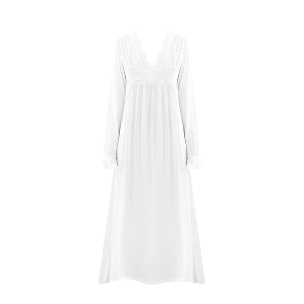 Elegantes Langarm-Nachthemd für Damen Vintage-Stil mit Spitze V-Ausschnitt und Prinzessin-Design