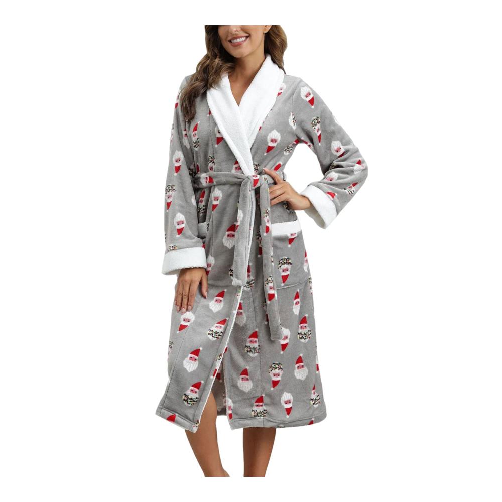 Damen Fleece Weihnachts-Bademantel | Elch & Weihnachtsmann Print | Flauschige Lange Robe mit Taschen
