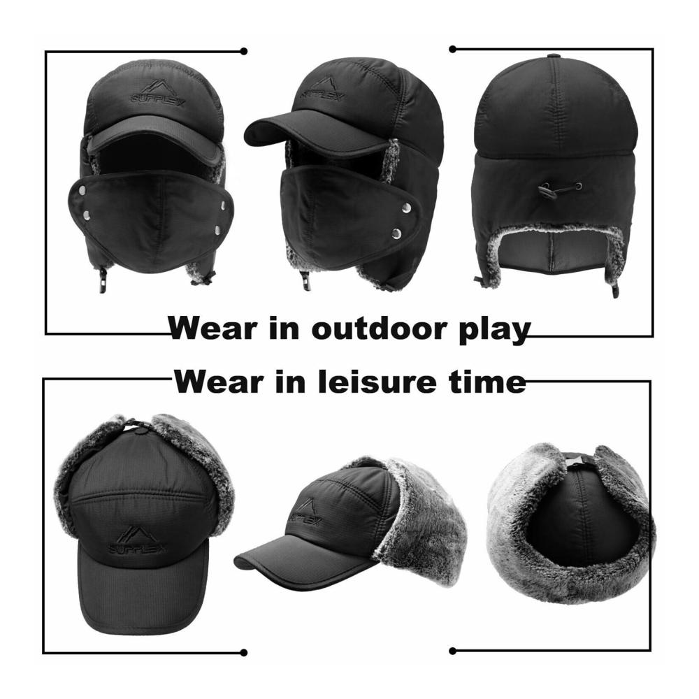 Fliegermützen Tozuor - Russischer Trapper Hut mit Kunstfell Unisex Wintermütze inklusive Ohrklappen und Maske Schwarzer Pelziger Hut für maximale Wärme