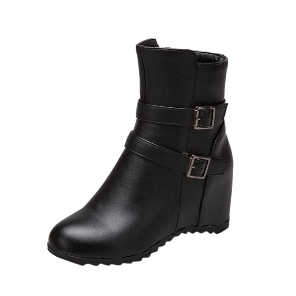 Winterschuhe Damen Rutschfeste Stiefel mit erhöhender innerer Ferse Keilabsatz Schnalle und Gürtel – Damenstiefel für den Winter Flache Country-Stiefel und Stiefeletten