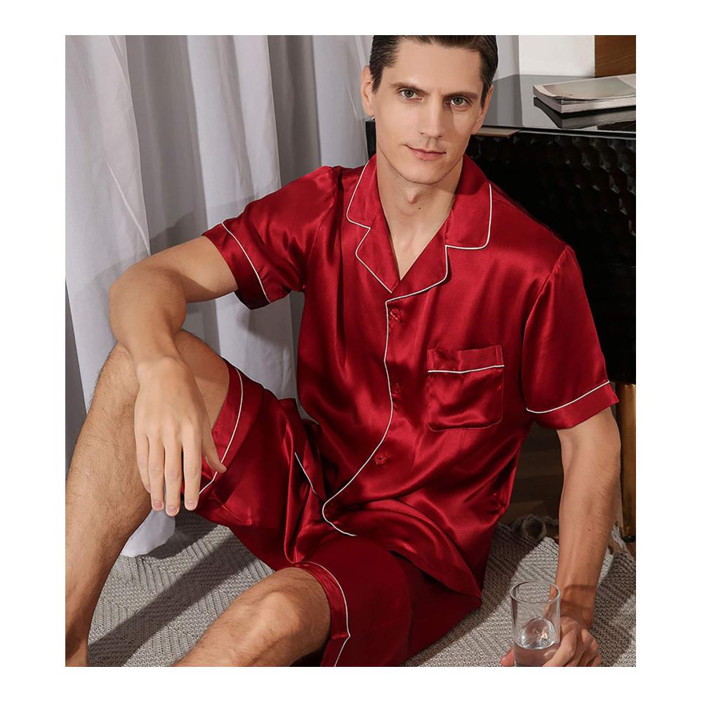 Herren Schlafanzug Set Button-Down Seidenpyjama mit Shorts (Rot L) - Bequemer Kurzarm Pyjama für erholsamen Schlaf