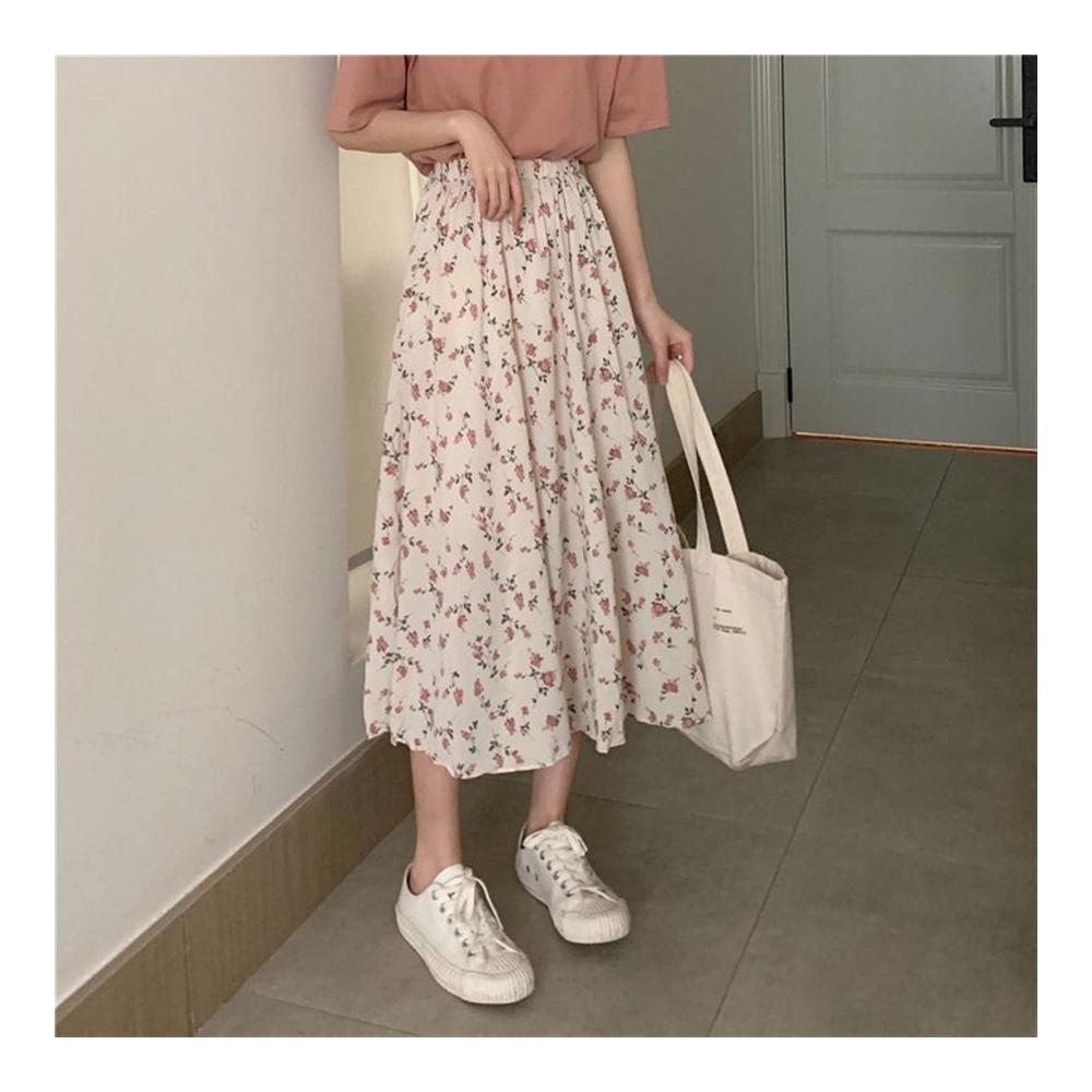 Vintage Blumendruck Maxi Rock - A-line Plissee Sommerrock für Damen Koreanischer Streetwear Midi Rock mit Kordelzug und elastischer Taille