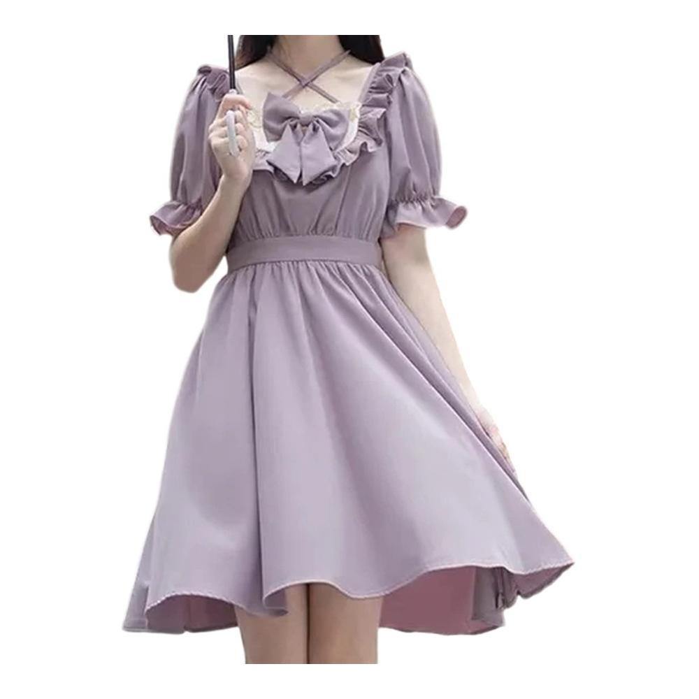 Pareos & Strandkleider Japanische Süße Lolita Kleider mit Rüschen Puffärmeln und Halfter für Damen - Kawaii Stil Kurze Kleider